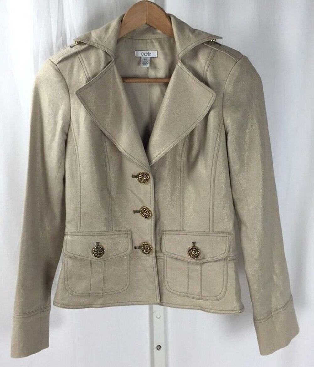 Cache Gold Shimmer Linen Metallic Blazer Coat Gold Buttons Down Sz. XS